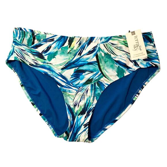 Terra & Sky Watercolor Blue Mid Rise Bikini Bottom 2X (20W-22W) Tummy Control - Picture 1 of 10